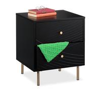 Relaxdays Mesita de Noche con 2 Cajones, Mesilla Dormitorio, Mesa Auxiliar de Cama, 52 x 45 x 40 cm, Negro/Dorado, Tablero de Fibras