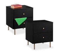 Relaxdays Mesita de Noche con 2 Cajones, Set de 2, Mesilla Dormitorio, Mesa Auxiliar Cama, 52 x 45 x 40 cm, Negro/Dorado, Tablero de Fibras