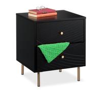 Relaxdays Mesita de Noche con 2 Cajones, Mesilla Dormitorio, Mesa Auxiliar de Cama, 52 x 45 x 40 cm, Negro/Dorado, Tablero de Fibras