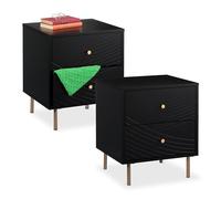 Relaxdays Mesita de Noche con 2 Cajones, Set de 2, Mesilla Dormitorio, Mesa Auxiliar Cama, 52 x 45 x 40 cm, Negro/Dorado, Tablero de Fibras