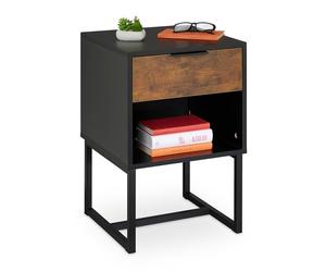 Relaxdays Mesita de Noche con Cajón, 60,5 x 40 x 41,5 cm, Mesilla Industrial Metal y Efecto Madera, Negro y Marrón