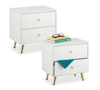 Relaxdays Mesita de Noche, 2 Uds., 2 Cajones, 41,5x40x32,5 cm, Dormitorio, Mesilla Cabecera Metal y MDF, Blanco/Dorado