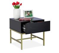 Relaxdays Mesita de Noche Cuadrada con Cajón, Mesa Auxiliar, Tablero de Partículas-Metal, 50x50x50 cm, Negro-Dorado