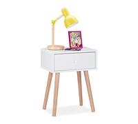 Relaxdays Mesita de Noche Escandinava, Mesa Cama Retro, Mesilla Auxiliar con Cajón, 55 x 42 x 30 cm, Dormitorio, Blanco