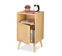 Relaxdays Mesita de Noche, Puerta Estilo Ratán, Mesilla Dormitorio, 72 x 40 x 39 cm, Estante Abierto, con Patas, Natural, Bambú, Plástico, Tablero de Fibras