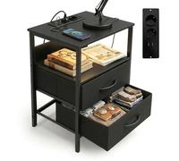 Relaxdays Mesita LED, enchufes y USB, 2 cajones, (Al x An x P) 60 x 40 x 30 cm, mesita de Noche, Negra