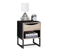 Relaxdays Mesita Noche con Cajón, 50 x 39 x 35 cm, Mesa Cama Auxiliar, Metal, Efecto Madera, Salón, Dormitorio, Negro, Tablero de Fibras