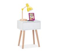 Relaxdays Mesita de Noche Escandinava, Mesa Cama Retro, Mesilla Auxiliar con Cajón, 55 x 42 x 30 cm, Dormitorio, Blanco