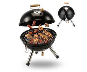 Relaxdays Mini Barbacoa de carbón portátil, Ø 30 cm, Negra | Para balcón y camping, con mango de madera