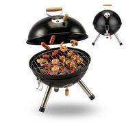 Relaxdays Mini Barbacoa de carbón portátil, Ø 30 cm, Negra | Para balcón y camping, con mango de madera