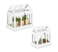 Relaxdays Mini Invernadero, Set de 2, Decorativo, para Ventana, Invernadero de Interior, Vidrio y Madera, Flores, Blanco