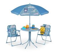 Relaxdays Mobiliario Infantil Jardín, Estampado Animales, Sombrilla de Playa, Sillas Plegables, Mesa para Niños, Azul
