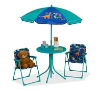 Relaxdays Mobiliario Infantil Jardín, Estampado Dino, Sombrilla de Playa, Sillas Plegables, Mesa para Niños, Turquesa, 20% plástico 30% poliéster 50% Hierro, 126 x 100 x 100 cm