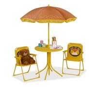 Relaxdays Mobiliario Infantil Jardín, Estampado León, Sombrilla de Playa, Sillas Plegables, Mesa para Niños, Amarillo, 50% Hierro 20% plástico 30% poliéster, 126 x 100 x 100 cm