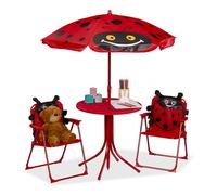 Relaxdays Juego de Asientos Infantiles para Camping, diseño de Mariquitas, con sombrilla, sillas Plegables y Mesa, Color Rojo