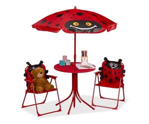 Relaxdays Mobiliario Infantil Jardín, Estampado Mariquita, Sombrilla de Playa, Sillas Plegables, Mesa para Niños, Rojo