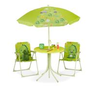 Relaxdays Mobiliario Infantil Jardín, Estampado Monstruo, Sombrilla de Playa, Sillas Plegables, Mesa para Niños, Verde