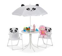 Relaxdays Mobiliario Infantil Jardín, Estampado Oso Panda, Sombrilla de Playa, Sillas Plegables, Mesa para Niños, Blanco