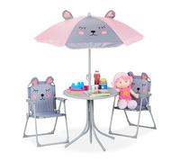 Relaxdays Mobiliario Infantil Jardín, Estampado Ratón, Sombrilla de Playa, Sillas Plegables, Mesa para Niños, Gris