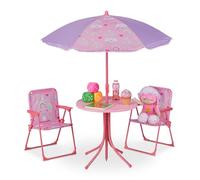Relaxdays Mobiliario Infantil Jardín, Estampado Unicornio, Sombrilla de Playa, Sillas Plegables, Mesa para Niños, Rosa