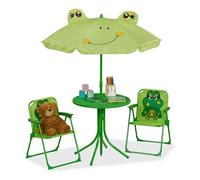 Relaxdays Juego de Asientos Infantiles para Camping, diseño de Rana, con Paraguas, sillas Plegables y Mesa, jardín, Verde