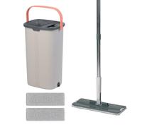 Relaxdays Mopa Plana, Cubo de 5 L con escurridor, 2 cámaras, Gris | dientes raspadores, 39x19x24,5 cm, 2 paños de microfibra