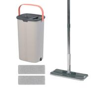 Relaxdays Mopa plana, cubo de 5 L con escurridor, 2 cámaras, gris | dientes raspadores, 39x19x24,5 cm, 2 paños de microfibra