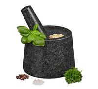 Relaxdays Mortero con Mano, Granito, Duradero, Especias y Hierbas, Moledor Piedra Pulida, 13,5 cm Ø, Gris Oscuro