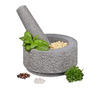 Relaxdays Mortero con Mano, Granito, Duradero, Macizo, Especias y Hierbas, Moledor Piedra sin Pulir, 14 cm Ø, Gris
