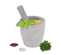 Relaxdays Mortero con Mano, Granito, Molcajete Redondo, 12 x 12 cm, Moledor de Especias y Hierbas, Pesado, Gris, 12 x 12 x 12 cm