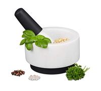 Relaxdays Mortero con Mano, Mármol, Silicona, Duradero, Macizo, Especias y Hierbas, Moledor Piedra, 14 cm Ø, Blanco