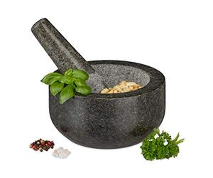 Relaxdays Mortero Granito con Mano, Resistente, Duradero, Especias, Hierbas, Moledor Piedra Pulida, 16cm Ø, 400ml, Gris