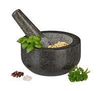 Relaxdays Mortero Granito con Mano, Resistente, Duradero, Especias, Hierbas, Moledor Piedra Pulida, 16cm Ø, 400ml, Gris