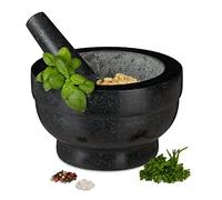 Relaxdays Mortero Granito con Mano, Resistente, Duradero, Especias, Moledor Piedra Pulida, 20 cm Ø, 1 L, 5,6 kg, Negro