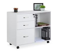 Relaxdays Mueble Archivador, 3 Cajones, 2 Compartimentos, 66x80x40 cm, 4 Ruedas Cajonera Oficina, con Llave, Blanco
