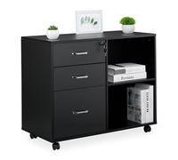Relaxdays Mueble Archivador, 3 Cajones, 2 Compartimentos, 66x80x40 cm, 4 Ruedas Cajonera Oficina, con Llave, Negro