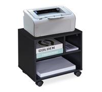 Relaxdays Mueble Auxiliar Impresora, 3 Compartimentos Abiertos, Oficina y Teletrabajo, Ruedas, 35,5 x 40 x 30 cm, Negro