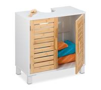 Relaxdays Mueble Bajo Lavabo con 2 Puertas, Armario Baño, 60x60x32 cm, MDF y Bambú, Agujero para Sifón, Blanco y Natural