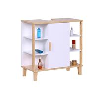 Relaxdays Mueble bajo Lavabo con Puerta, 6 estantes HBT: 65x64x31 cm, bambú y MDF, Mueble de baño, Blanco/Natural