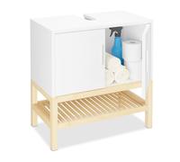 Relaxdays Mueble de Baño Bajo Lavabo, Armario Pila Hueco para Sifón, Balda, Bambú y MDF, 60,5x60x33cm, Blanco/Natural