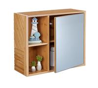 Relaxdays Mueble Baño con Espejo, 2 Compartimentos Abiertos, Puerta a Presión, 45x54,5x20 cm, Armario Colgante, Natural