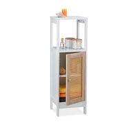 Relaxdays Mueble de Baño Angosto, 3 Compartimentos, 96,5 x 30 x 30 cm, MDF, Puerta de Ratán, Mediano, Blanco y Natural