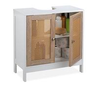 Relaxdays Waschbeckenunterschrank mit Rattan-Türen Mueble de Baño Bajo Lavabo 2 Espacios, 60 cm de Ancho, Hueco para el Sifón, Puertas de Ratán, Blanco y Natural, Tablero de Fibras