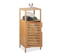 Relaxdays Armario Mueble de Baño de Bambú, 87 x 36,5 x 33 cm, Estantería Aseo Estrecha con Puerta, 2 Baldas Abiertas, Natural, Tablero de Fibras