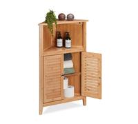 Relaxdays Mueble Esquinero de Baño, Armario Bambú Puertas Listones, 3 Compartimentos, 1 Balda, 92 x 58 x 30 cm, Natural, Tablero de Fibras