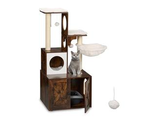 Relaxdays Mueble para Gatos con Rascador y Armario para Arenero, 128x95x52 cm, Torre con Poste de Sisal, Marrón y Blanco