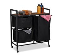 Relaxdays Mueble para Ropa Sucia, 3 Cestos Extraíbles, Estantería Colada con Ruedas, Diseño Industrial, Negro y Marrón, Hierro, 78 x 72.5 x 30.5 cm