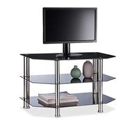 relaxdays Mueble TV con 3 Repisas de Cristal Templado, Vidrio y Acero Inoxidable, 49 x 80 x 45 cm, Negro y Plateado