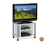 Relaxdays Mueble TV con Ruedas, Mesa televisión con 2 Compartimentos, Tablero de Partículas, 45 x 60 x 40 cm, Blanco y Plateado
