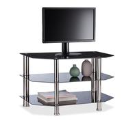 relaxdays Mueble TV, Negro y Plateado 3 Repisas de Cristal Templado, Vidrio y Acero Inoxidable, 49 x 80 x 45 cm